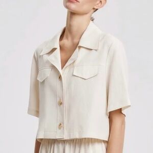 Lattelier Linen Blend Natural/Cream Cropped Button Front Shirt Blouse  Sz XL